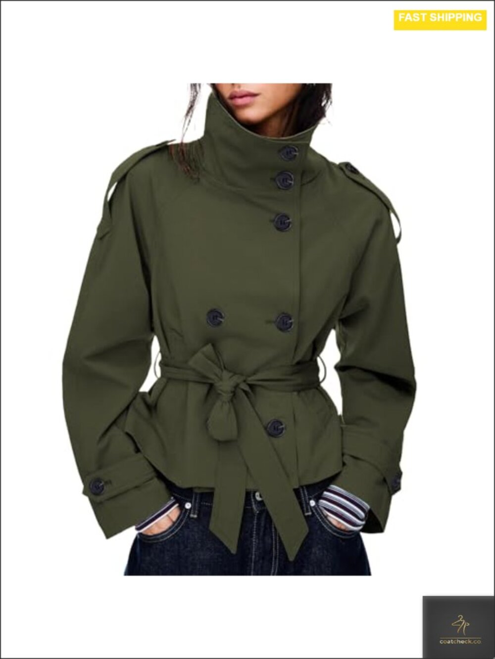 Women's Cropped Trench Coat Double Breasted Short Jacket High Collar Fall